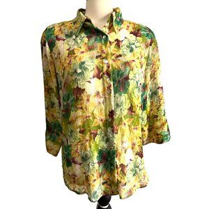 Lemon Grass Vintage Sheer Floral Button Down Sz Large Womens Colorful 3/4 Sleeve